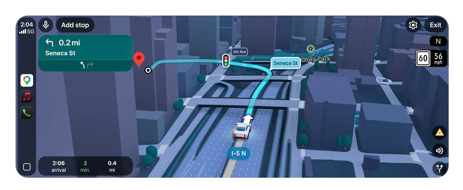 Google Maps Immersive Navigation active on Android Auto showing a 3D route view on a car dashboard display with lane guidance and building detail