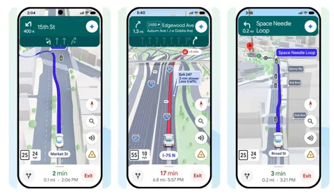 Google Maps Immersive Navigation showing a 3D route view with building detail, lane guidance, and terrain visible on an Android Auto car display