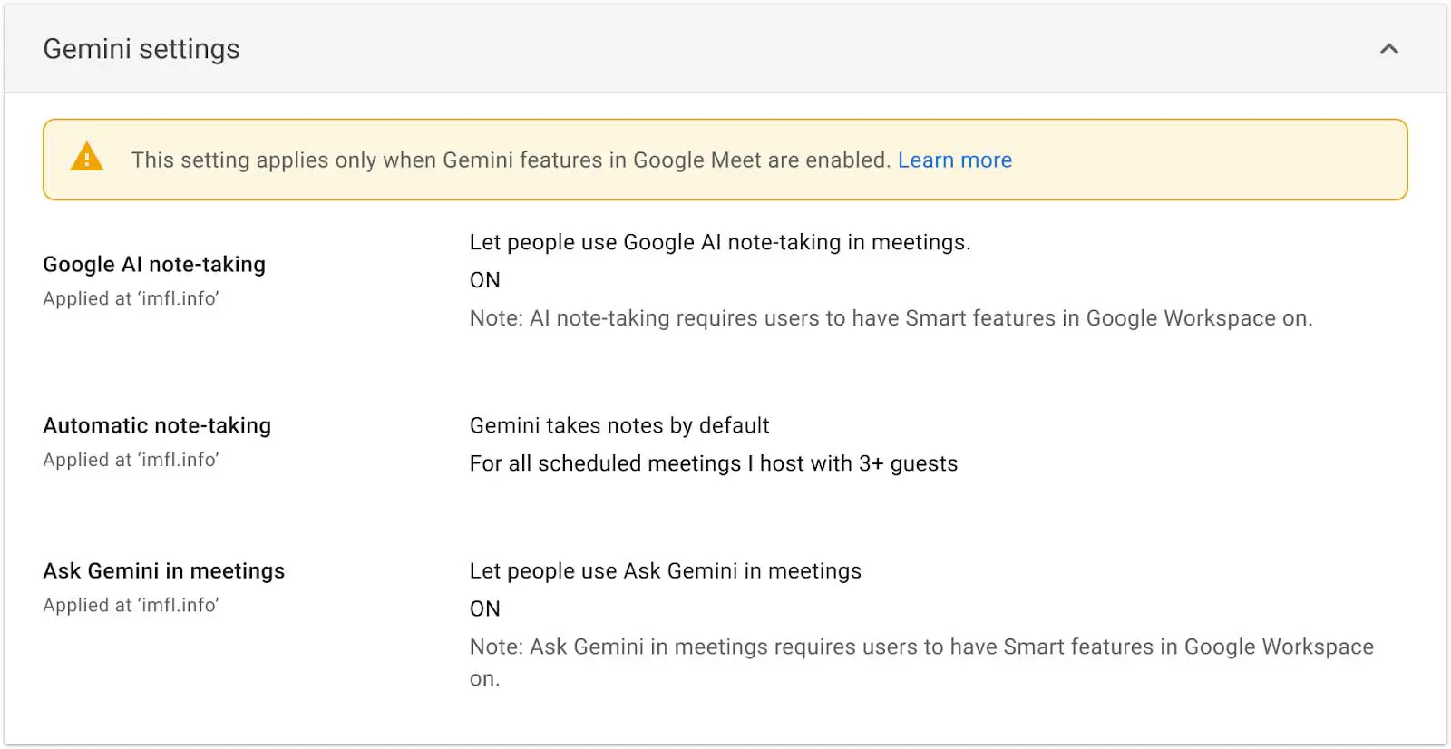 Google Meet admin console showing the Take notes for me setting with three options including the new automatic notes for meetings with 3 or more participants