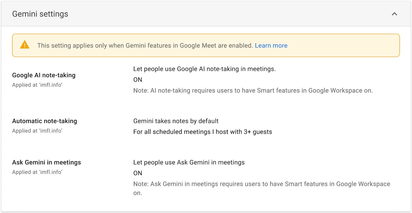 Google Meet admin console showing the Take notes for me setting with three options including the new automatic notes for meetings with 3 or more participants