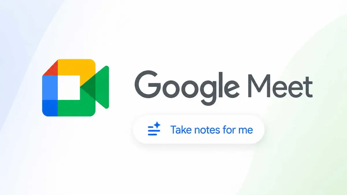 Google Meet logo with the Take notes for me AI feature setting panel visible