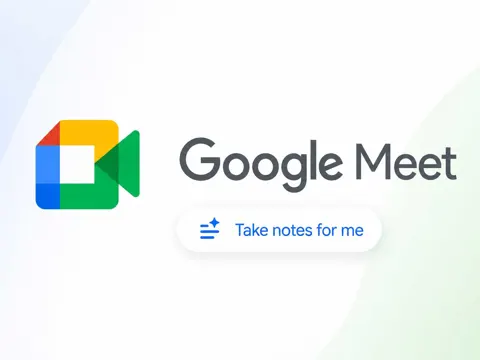 Google Meet logo with the Take notes for me AI feature setting panel visible