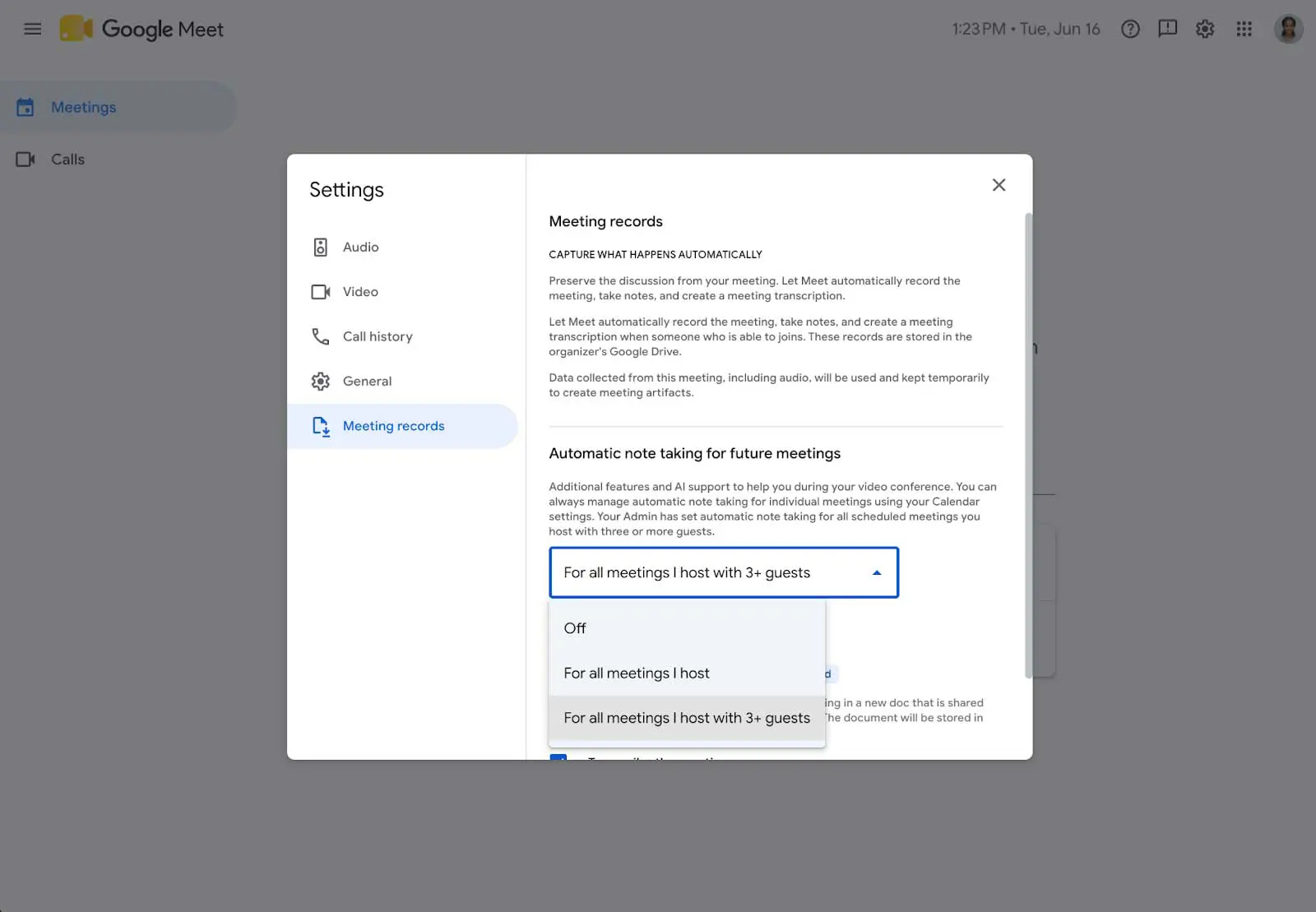 Google Meet user settings panel showing the Take notes for me option with a new choice for meetings with 3 or more guests