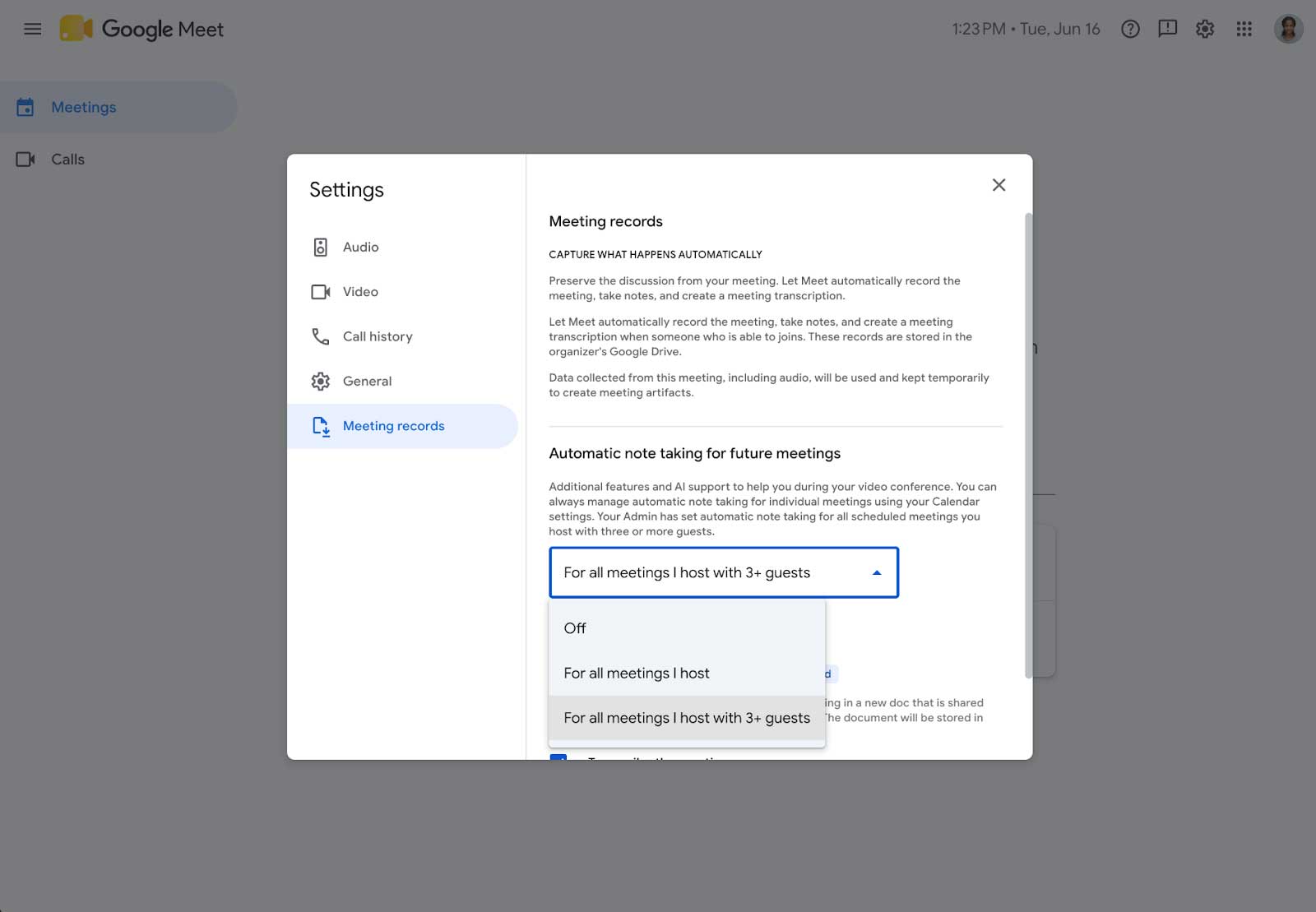 Google Meet user settings panel showing the Take notes for me option with a new choice for meetings with 3 or more guests