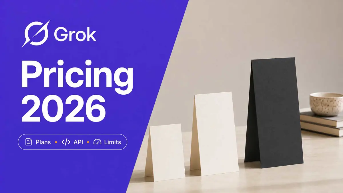Three ascending pricing cards beside a violet panel reading Grok Pricing 2026