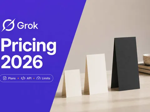 Three ascending pricing cards beside a violet panel reading Grok Pricing 2026