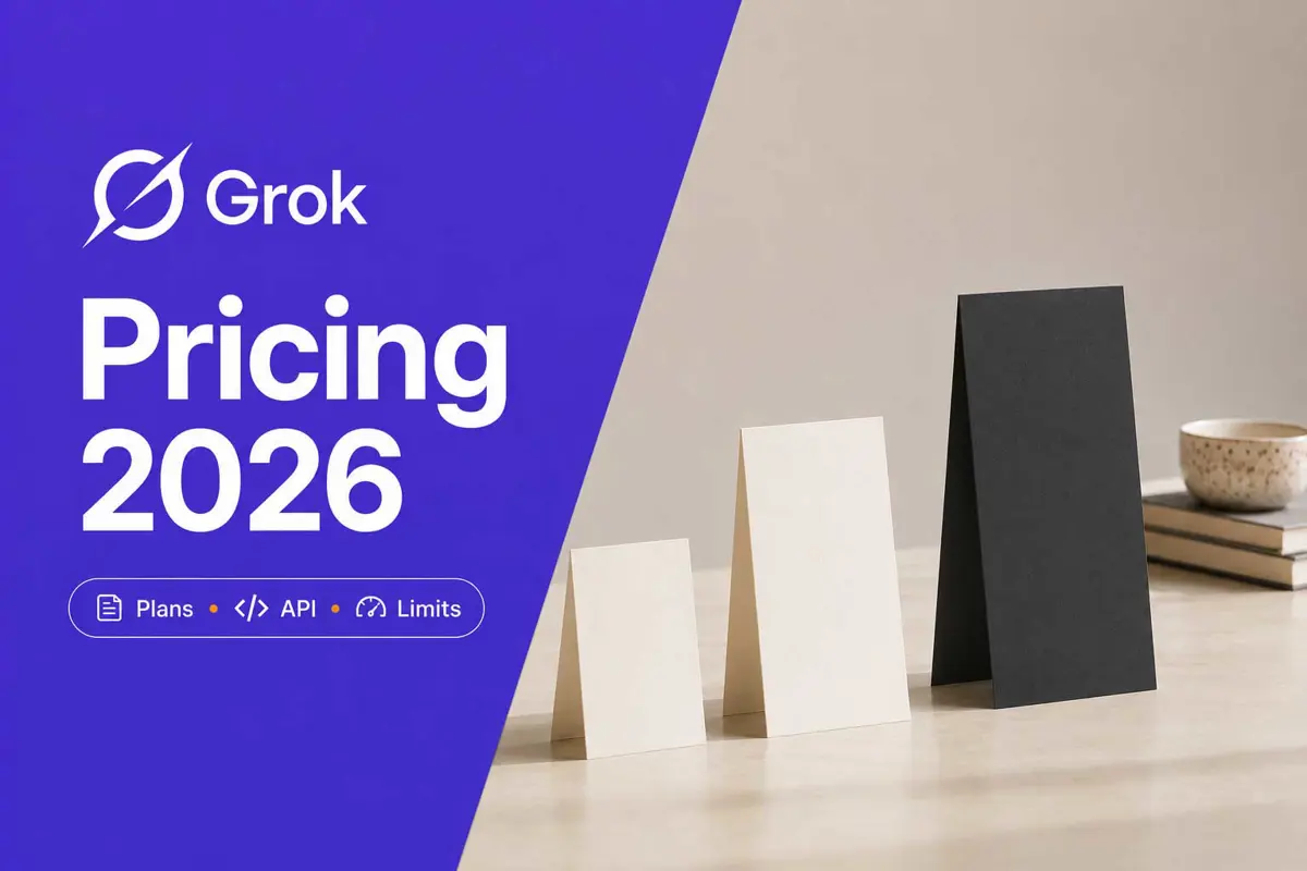 Three ascending pricing cards beside a violet panel reading Grok Pricing 2026