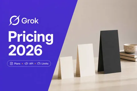 Three ascending pricing cards beside a violet panel reading Grok Pricing 2026