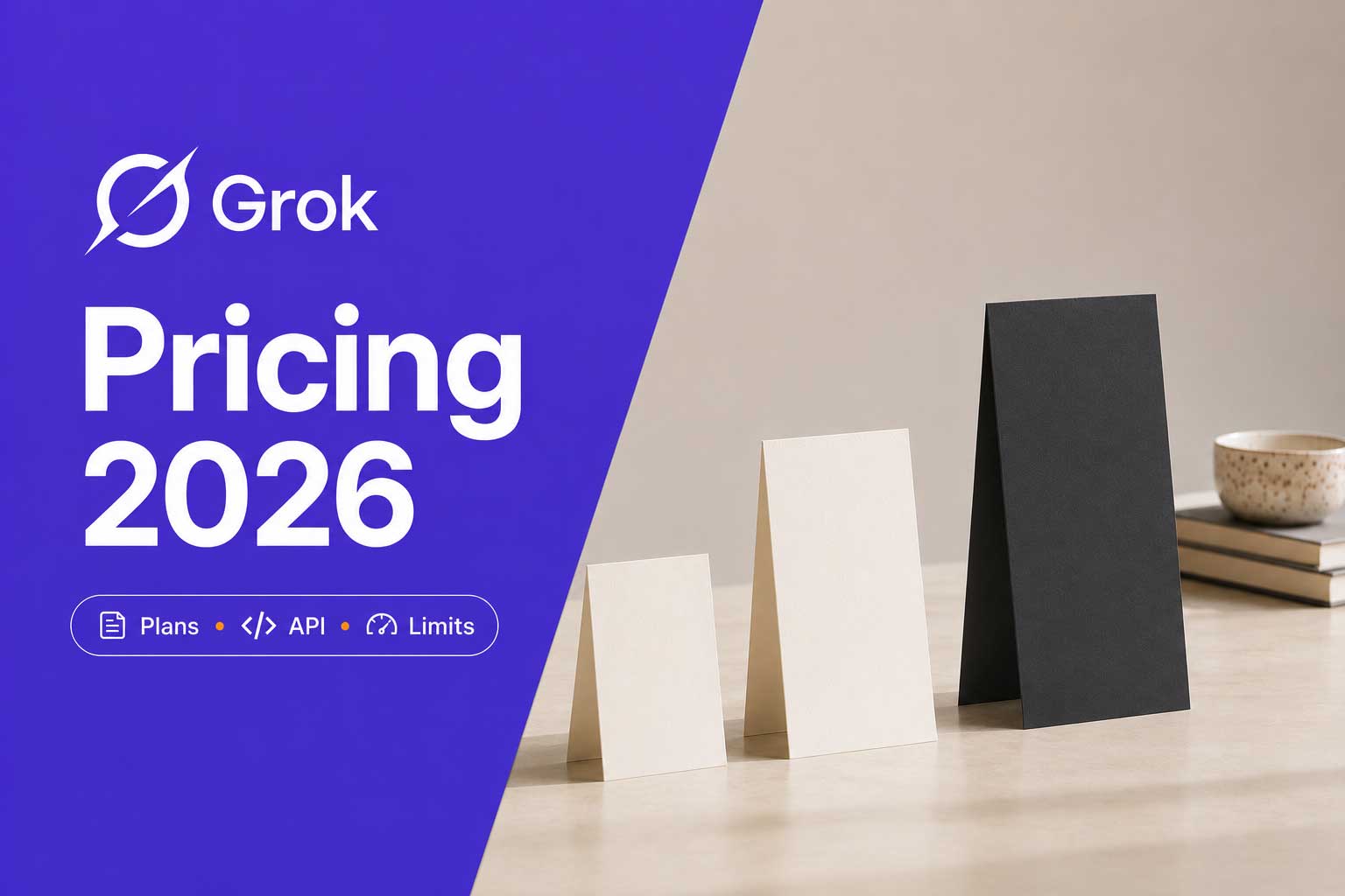 Three ascending pricing cards beside a violet panel reading Grok Pricing 2026