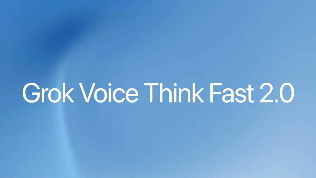 Abstract illustration representing Grok Voice Think Fast 2 with sound waves, AI network connections, and a microphone on a dark blue background.