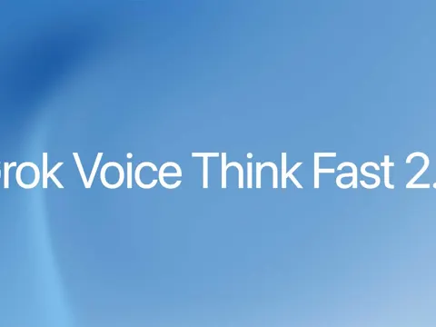 Abstract illustration representing Grok Voice Think Fast 2 with sound waves, AI network connections, and a microphone on a dark blue background.
