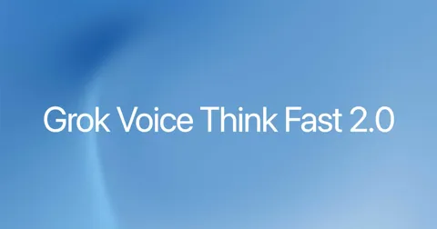 Abstract illustration representing Grok Voice Think Fast 2 with sound waves, AI network connections, and a microphone on a dark blue background.