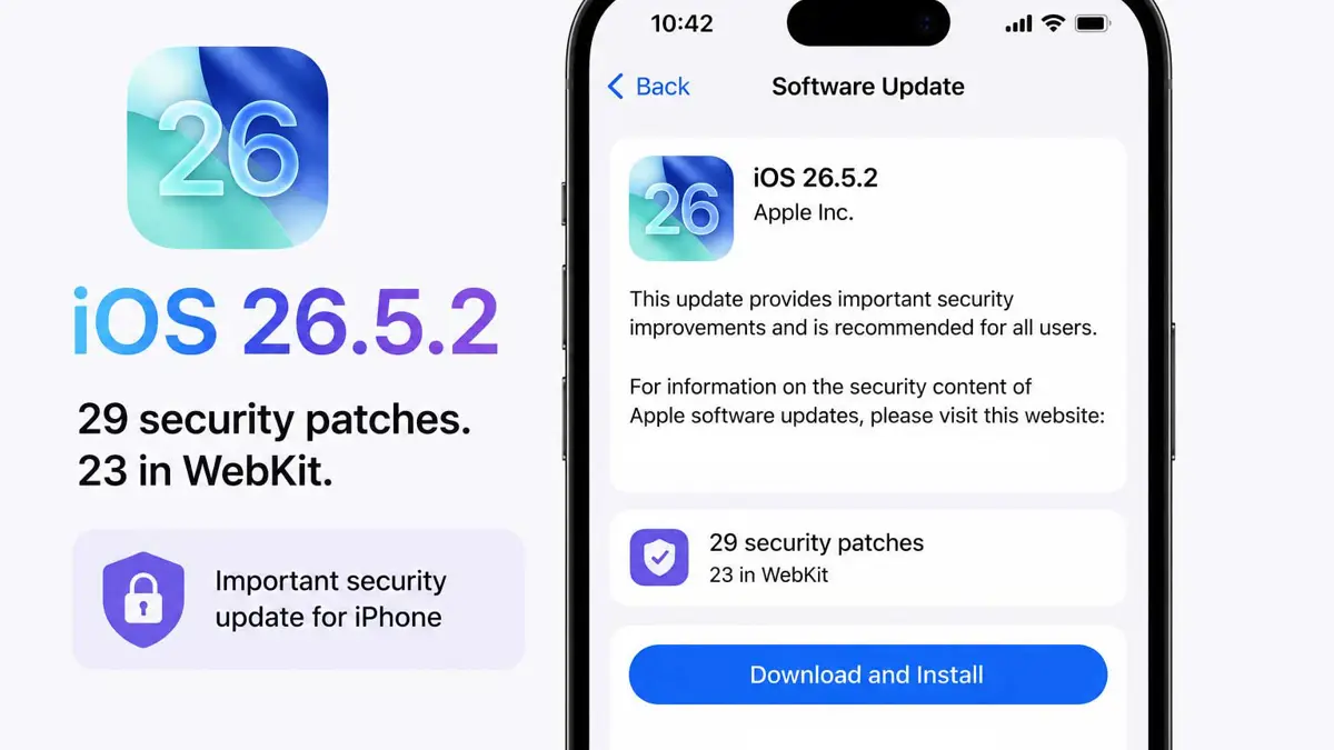 iPhone Software Update screen showing iOS 26.5.2 available for download with 29 security patches for iPhone