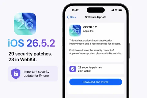 iPhone Software Update screen showing iOS 26.5.2 available for download with 29 security patches for iPhone