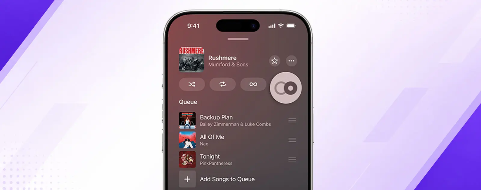 iOS 27 Apple Music queue screen showing AutoMix enabled with transition indicators between tracks