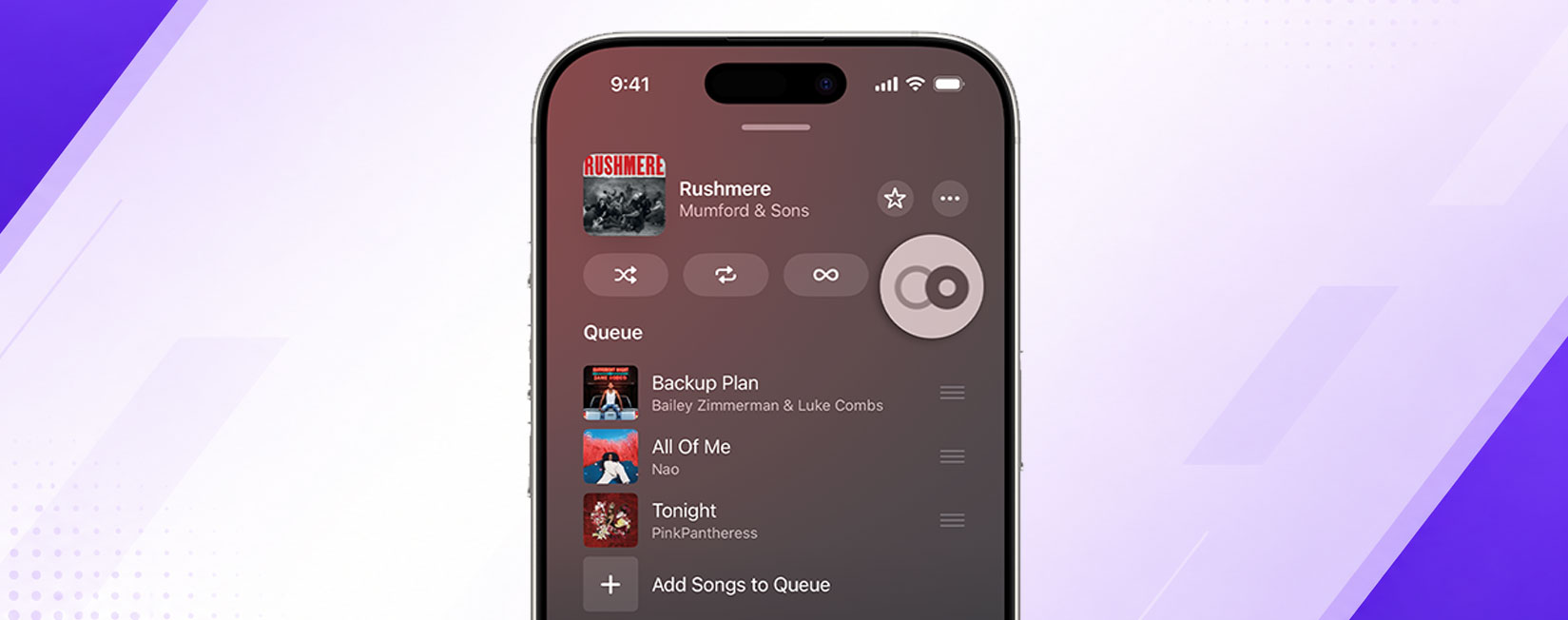 iOS 27 Apple Music queue screen showing AutoMix enabled with transition indicators between tracks