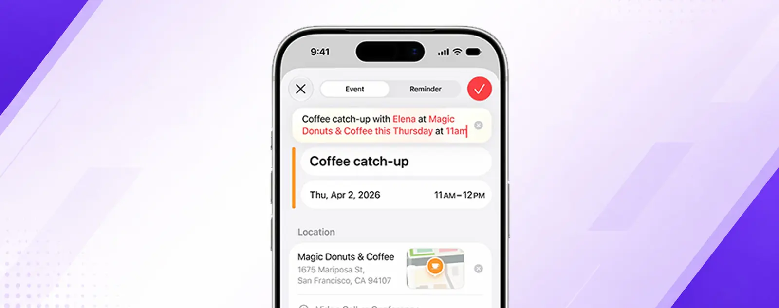 iPhone 17 Pro showing the iOS 27 Calendar app with a user creating a new event by typing a description, with Apple Intelligence auto-filling event details