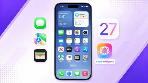 iPhone 16 Pro showing iOS 27 with the new home screen design and Apple Intelligence features