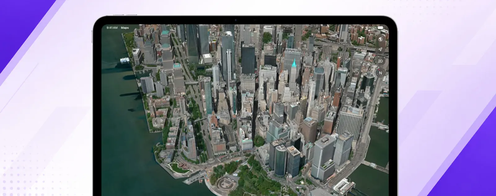 iOS 27 Maps showing the AI-enhanced Flyover 3D aerial view of a major city with sharpened building and street detail
