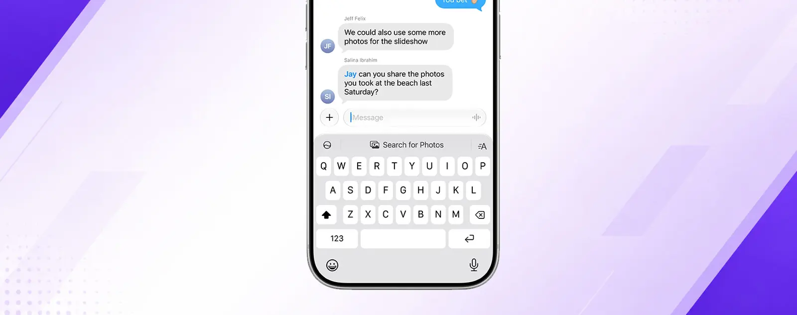 iPhone 17 Pro showing a Search for Photos suggestion within the Messages app with keyboard visible below