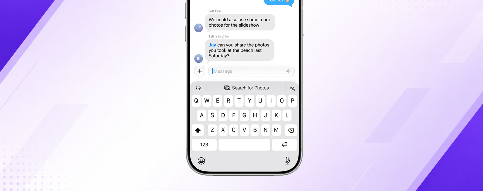 iPhone 17 Pro showing a Search for Photos suggestion within the Messages app with keyboard visible below