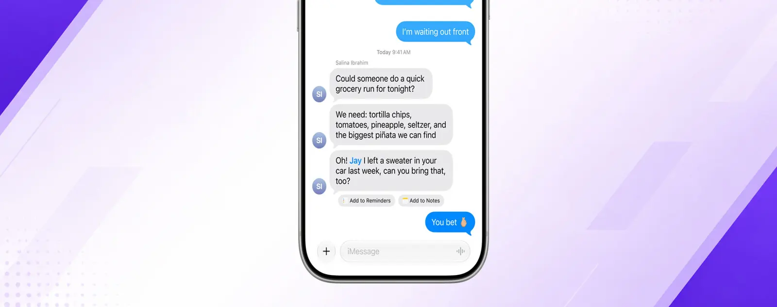 iPhone 17 Pro showing a Messages conversation with one-tap suggestions to Add to Reminders and Add to Notes appearing below a message