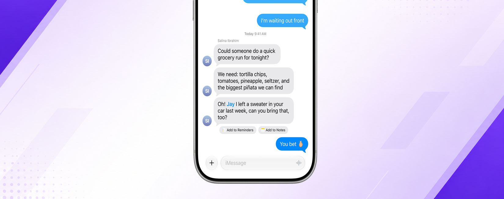 iPhone 17 Pro showing a Messages conversation with one-tap suggestions to Add to Reminders and Add to Notes appearing below a message