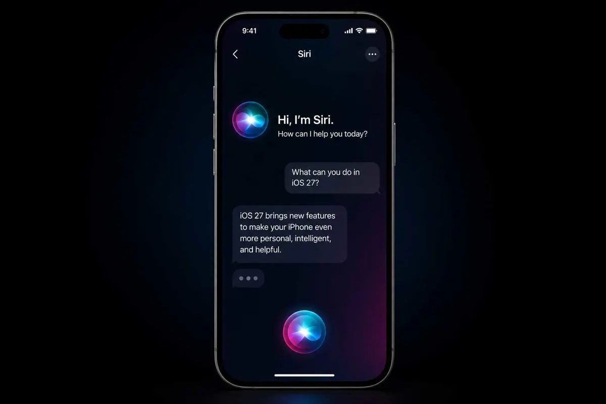 iPhone showing the iOS 27 Siri chat interface on a dark background