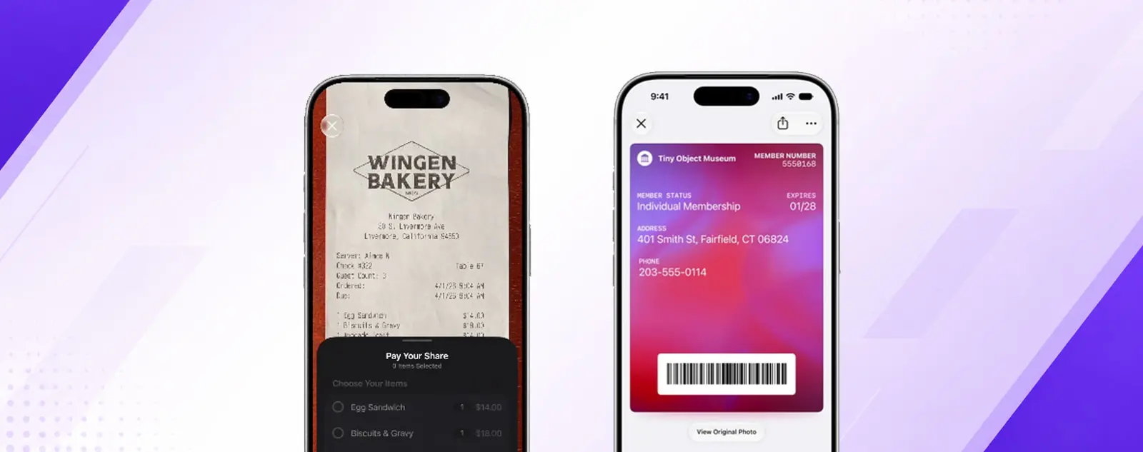 iOS 27 Wallet app showing the Split Bill with Apple Cash screen with Request and Pay Your Share options after scanning a restaurant receipt