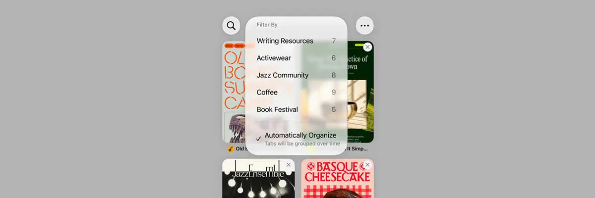 Safari on iPhone showing tabs automatically grouped into categories like Writing Resources, Activewear, Jazz Community, and Coffee