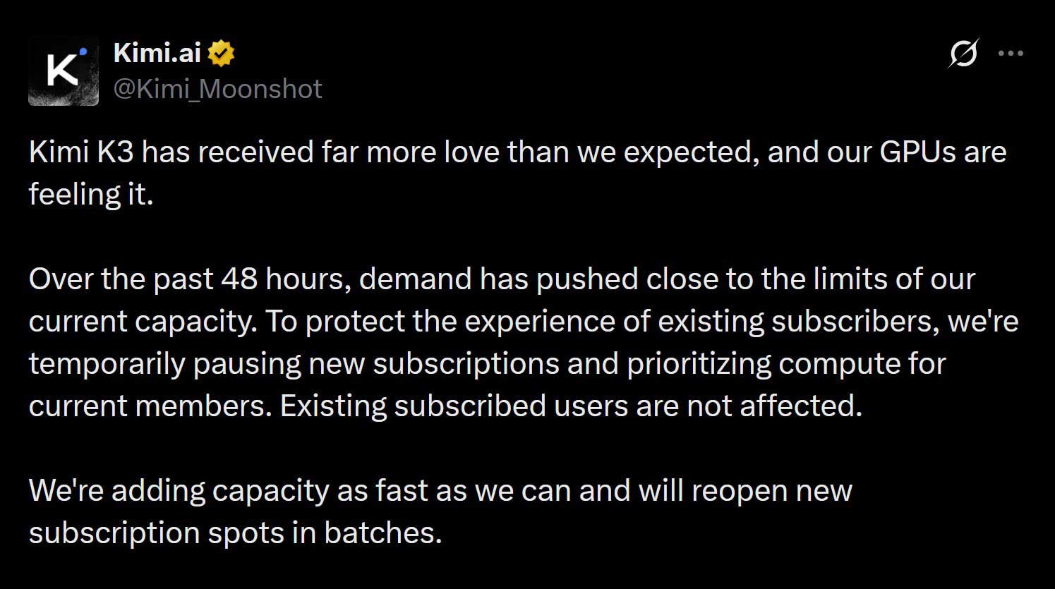 Kimi K3 Pauses New Subscriptions After 48 Hours of Demand Maxed GPU Capacity