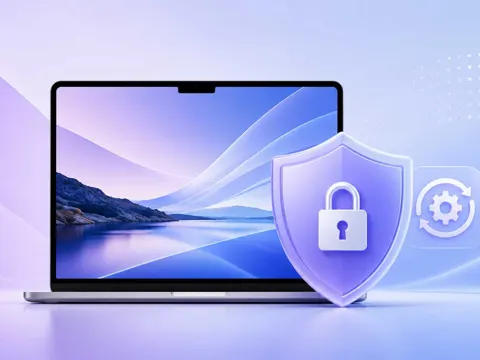 Abstract illustration representing macOS Tahoe 26.6 security update with shield and circuit motif