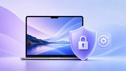 Abstract illustration representing macOS Tahoe 26.6 security update with shield and circuit motif