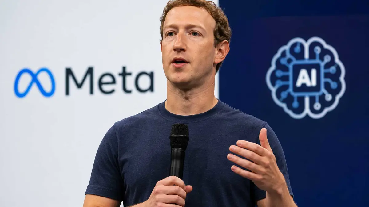 Illustration of Meta CEO Mark Zuckerberg speaking at a company event about the company's AI strategy and workforce changes in 2026