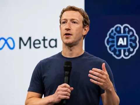 Illustration of Meta CEO Mark Zuckerberg speaking at a company event about the company's AI strategy and workforce changes in 2026