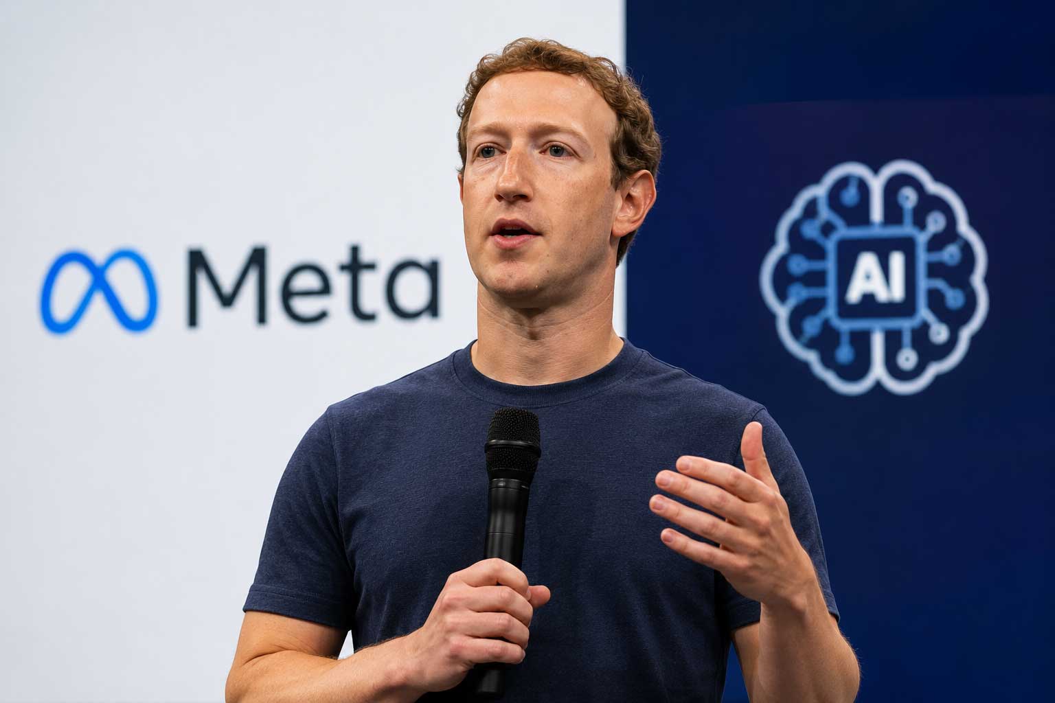 Illustration of Meta CEO Mark Zuckerberg speaking at a company event about the company's AI strategy and workforce changes in 2026