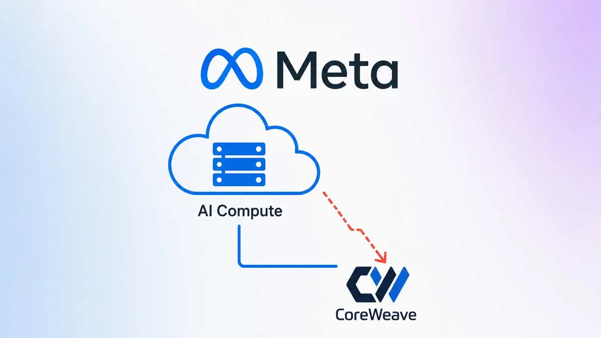 Illustration showing Meta's AI cloud computing initiative and its competitive impact on CoreWeave's AI infrastructure business