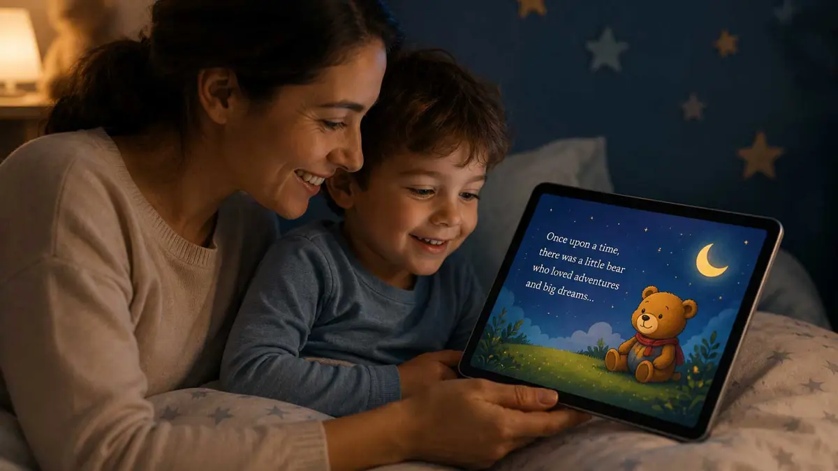 Parent and child looking at a tablet together with a bedtime story displayed on screen