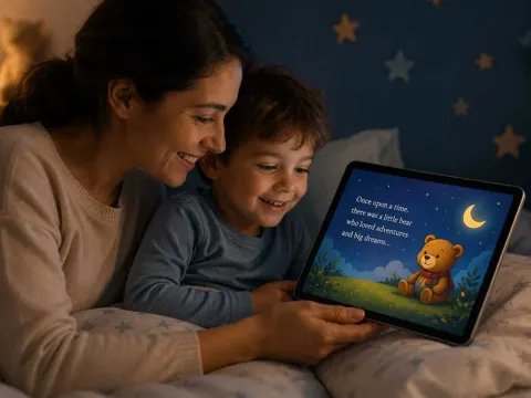 Parent and child looking at a tablet together with a bedtime story displayed on screen