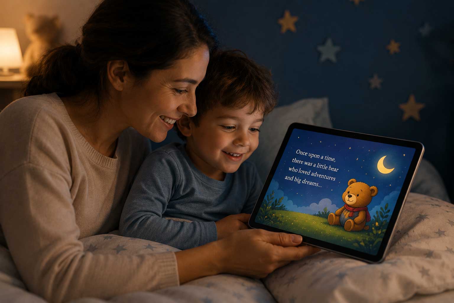 Parent and child looking at a tablet together with a bedtime story displayed on screen