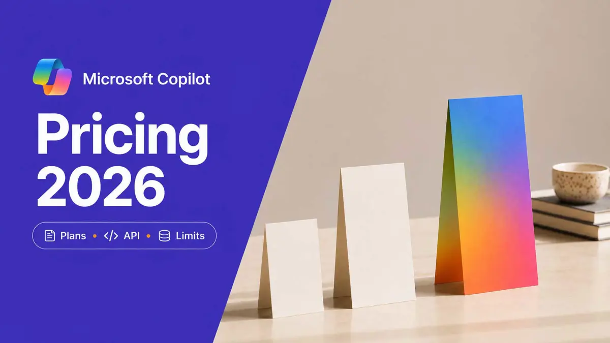 Four pastel pricing cards beside a violet panel reading Copilot Pricing 2026