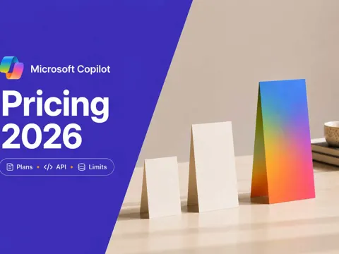 Four pastel pricing cards beside a violet panel reading Copilot Pricing 2026