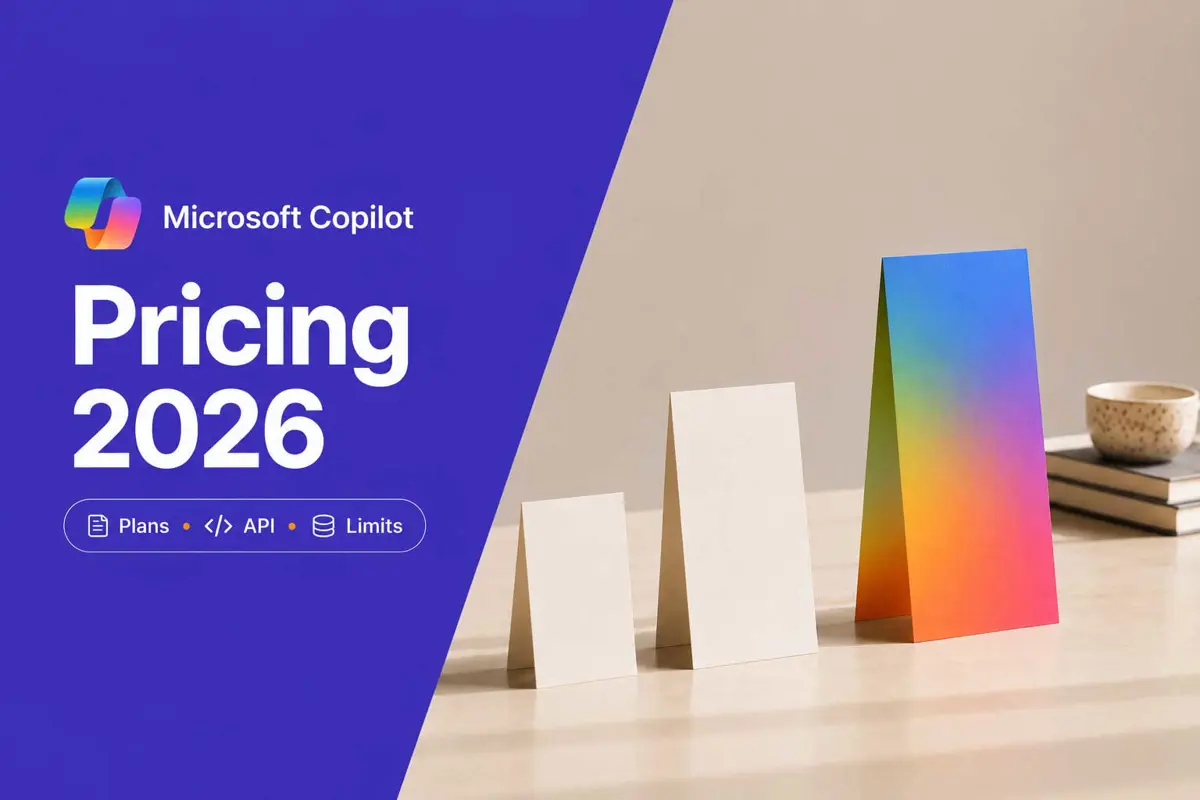 Four pastel pricing cards beside a violet panel reading Copilot Pricing 2026