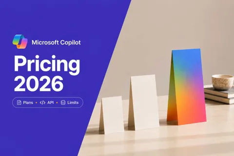Four pastel pricing cards beside a violet panel reading Copilot Pricing 2026