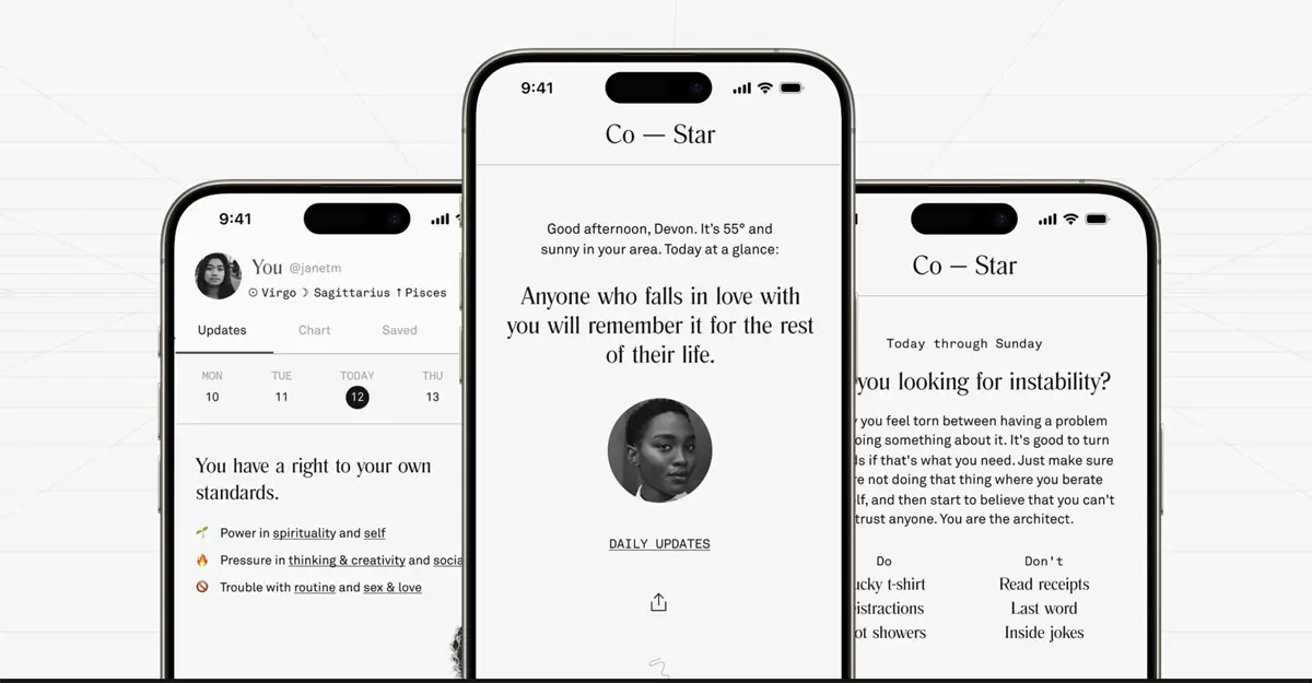 Screenshots of the Co-Star astrology app showing birth charts and horoscopes