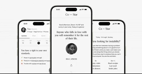 Screenshots of the Co-Star astrology app showing birth charts and horoscopes