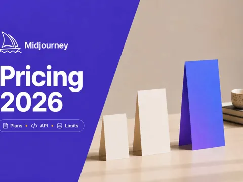 Four ascending pricing cards beside a violet panel reading Midjourney Pricing 2026
