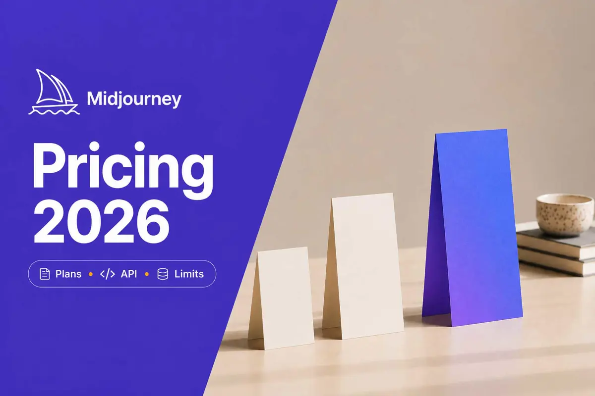 Four ascending pricing cards beside a violet panel reading Midjourney Pricing 2026