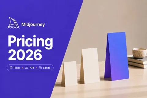 Four ascending pricing cards beside a violet panel reading Midjourney Pricing 2026