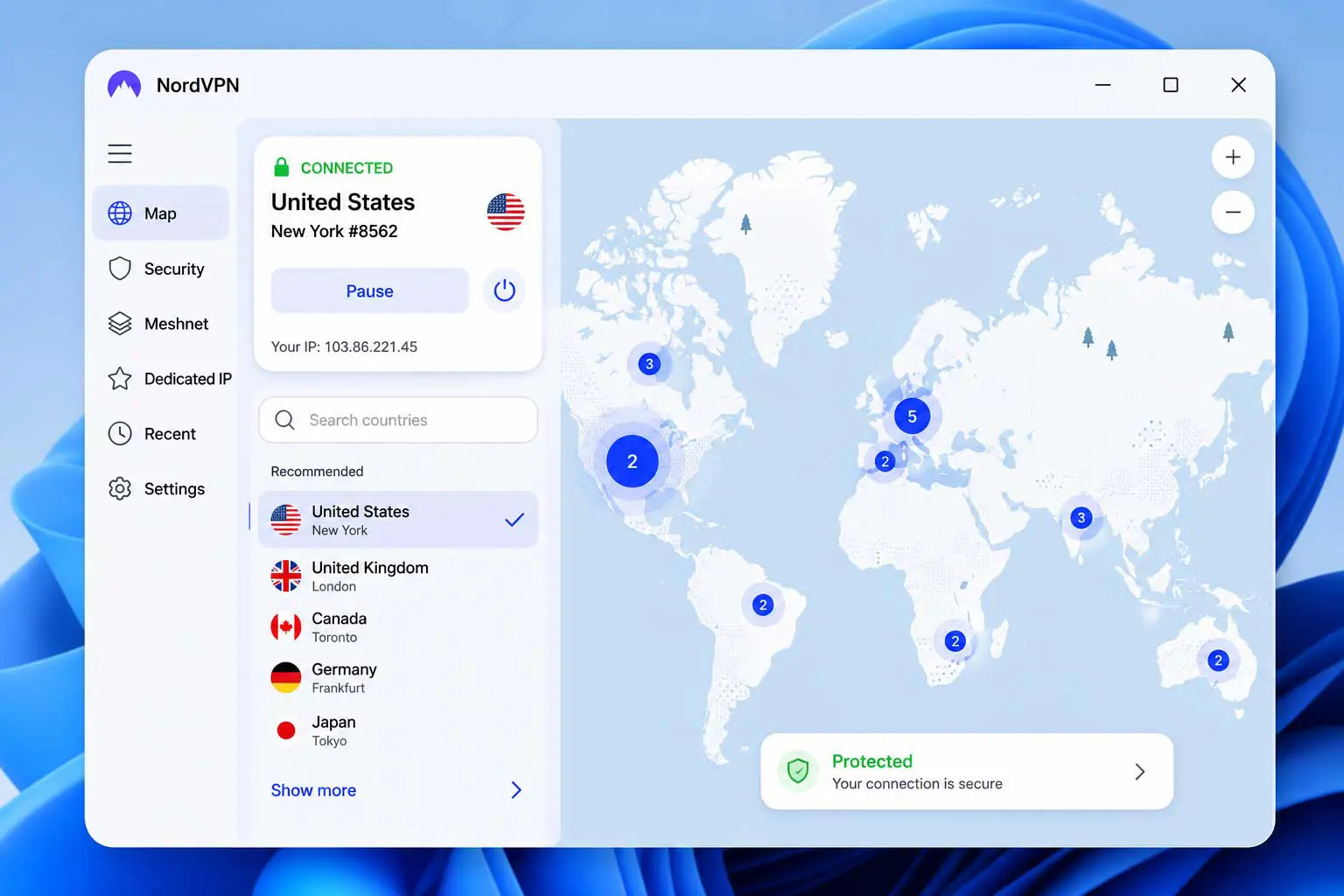NordVPN Windows app showing the server map in a connected state